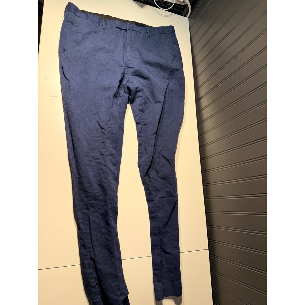 HM Mens 36R Navy Blue Linen Cotton Blend Chinos Flat Front Trousers Pants